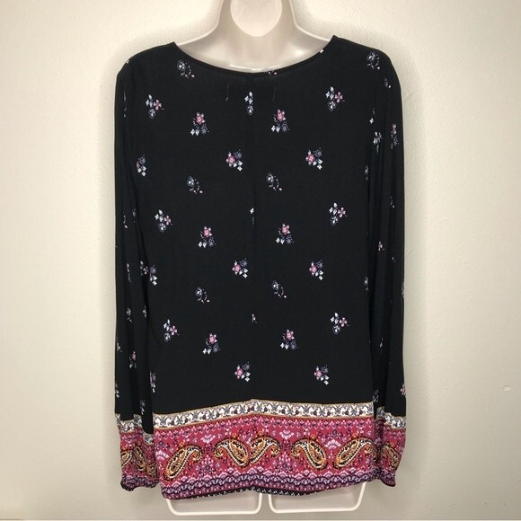 Abercrombie & Fitch Boho Split V Neck Black Red Paisley Border Print Blouse Med - Picture 5 of 11